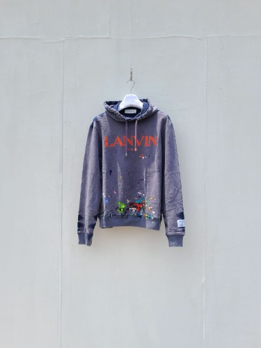GALLERY DEPT. x LANVIN LOGO-PRINTED HOODIE NAVY BLUE with PAINT MARKS