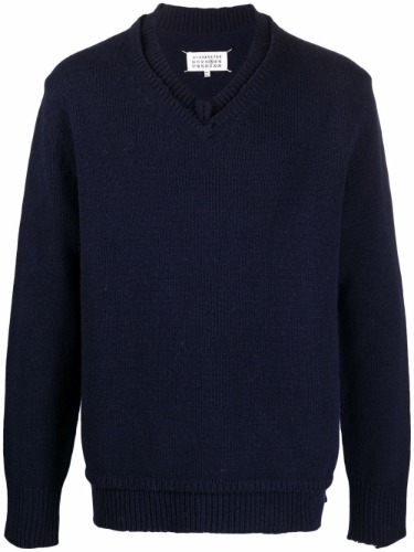 MAISON MARGIELA ELBOW-PATCH DISTRESSED V-NECK WOOL SWEATER NAVY