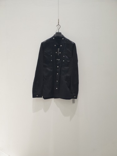 RICK OWENS LARRY SHIRT BLACK IN LIGHT COTTON DRILL &amp; RECYCLED BOMBER SATIN
