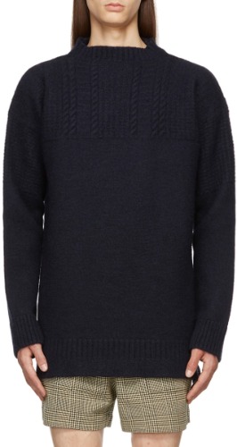 MAISON MARGIELA CABLE KNIT WOOL SWEATER NAVY
