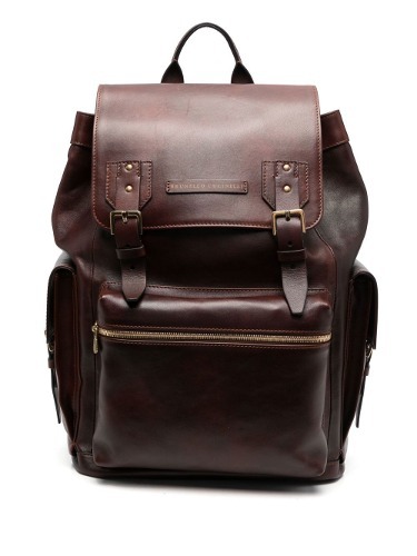 BRUNELLO CUCINELLI BUCKLED BROWN LEATHER BACKPACK